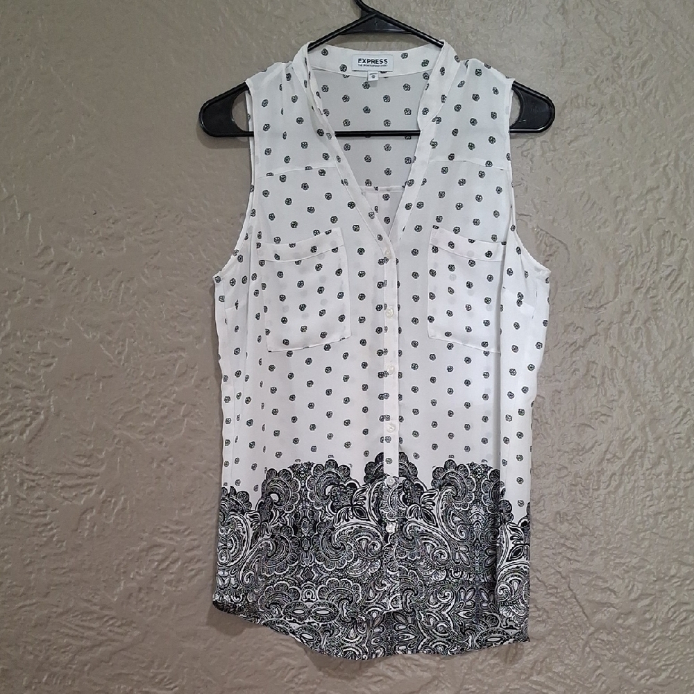 Express Black and White Paisley Polka Dot Blouse Size M